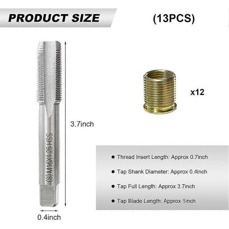 Kit de réparation de filetage de bougie d'allumage (13 pièces) : inserts M14x1,25 et taraud M16x1,25. Kit d'outils pour le retaraudage de bougies d'allumage. (1/5)