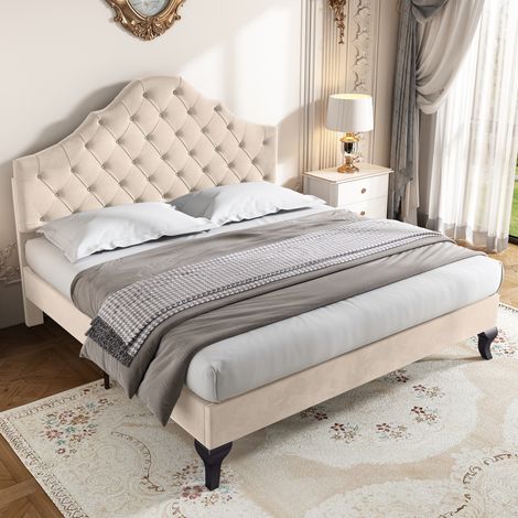 Upholstered bed with slatted frame and headboard, 4ft6 Double Bed,135190,Upholstered bed with height-adjustable headboard, Youth bed, Wooden slat support, Easy assembly, Velvet, Beige