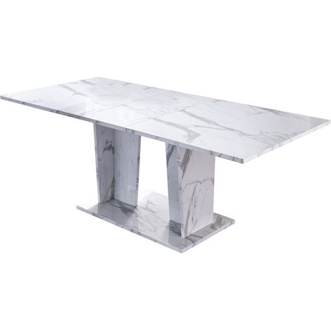 Table à manger rectangulaire extensible bois blanc effet marbre vernis Botela 180 à 225cm (1/3)