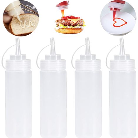 Lot de 4 bouteilles compressibles, en plastique, 360 ml, avec bouchons, sans fuite, pour épices, ketchup, moutarde, huile d'olive, bouteille à sauce (1/5)