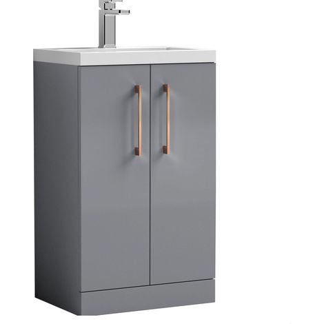Balterley Level Compact Bathroom Cloakroom Vanity Basin Unit with Ceramic Basin, Brushed Bronze Handles, 500mm, Satin Grey
