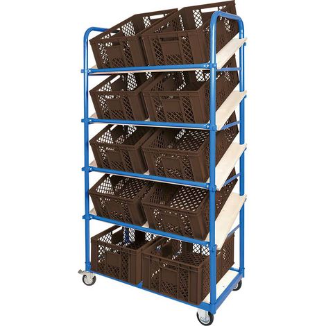 BRB Schrägboden-Regalwagen mit 5 Ebenen, bestückt mit 10 Euroboxen durchbrochen 600x400x240 mm braun