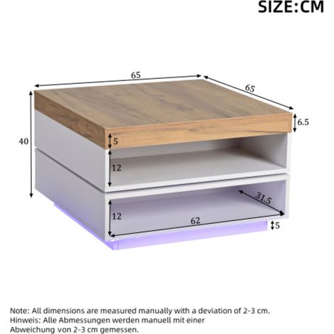 Table basse 65 x 65 x 40 cm – Carrée, pivotante à 360°, éclairage LED intégré, espace de rangement ouvert, blanc et teinte bois – Fonctionnelle et lumineuse (1/5)