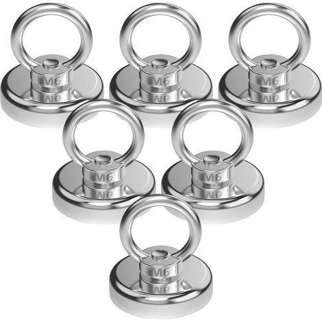 Lot de 6 crochets magnétiques robustes en néodyme 55 kg Aimants de terres rares avec anneau, Aimant puissant avec boulon à œil pour la cuisine, le lieu de travail et le garage (1/5)