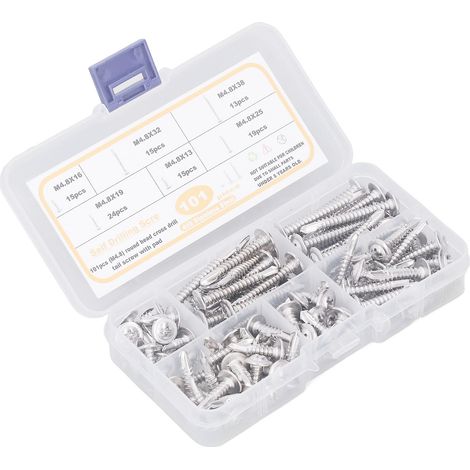 Assortiment de 101 vis autoperceuses à tête ronde en acier inoxydable M4.8, 6 tailles. (1/5)