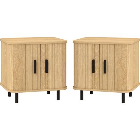 Ensemble de 2 tables de chevet nordiques, 2 étagères + porte coulissante, bois et acier, 48 x 40 x 48 cm, chêne (1/5)