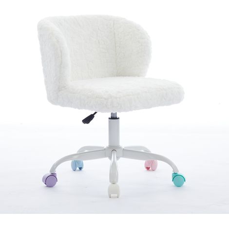 Chaise de bureau réglable en fausse fourrure de lapin, fauteuil pivotant crème avec roulettes colorées silencieuses (1/5)