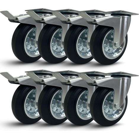 SET 8 RUOTE GIREVOLI CON FRENO 200mm ROTELLE SILENZIOSE PIROETTANTI IN GOMMA, PER CARRELLO CARICHI PESANTI MOBILI,ELETTRODOMESTICI, BANCHI DA LAVORO