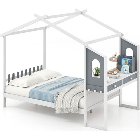 COSTWAY Double House Bed Wood Montessori Bed Frame Playhouse Bed w/Desk (1/5)
