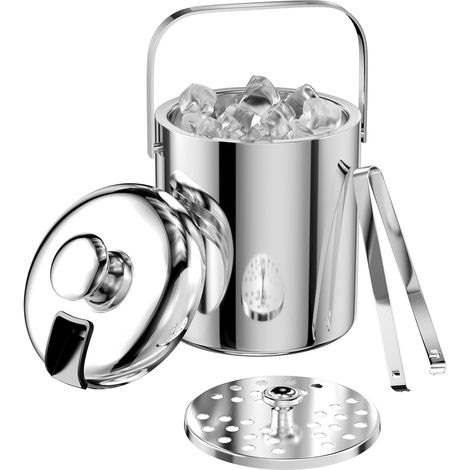 Seau à glace en acier inoxydable de 1,3 L, avec couvercle, pince et passoire, porte-glaçons, seau LCE, porte-glaçons pour bar à cocktails et fêtes (1/5)