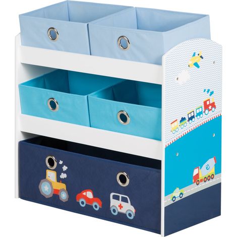 Étagère pour Jouets Enfant en Bois - 5 Paniers en Tissu Amovibles - Meuble de Rangement pour les Jouets - 64 x 30 x 60 cm - Motif Véhicules de Transport - Bleu (1/5)