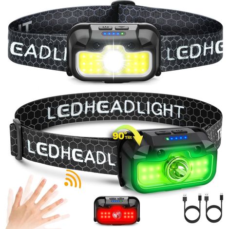 2-Pack Rechargeable Headlight, 1300 Lumens Bright Light with White, Green, and Red Flashlight, Waterproof Motion Sensor Headlamp, 14 Modes for Outdoor Camping