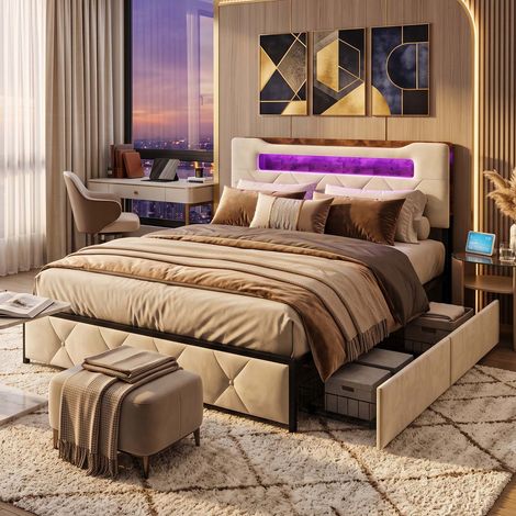Creahappy Cadre de Lit Double 140x200 cm avec 4 Tiroirs - Tête de Lit LED Rangement & Prise USB Type-C - Lit Capitonné Velours Beige (1/5)