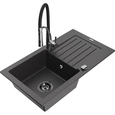 Mexen Pablo 1 Becken-Granitspüle mit Abtropffläche und Mischbatterie Aster, Schwarz gesprenkelt - 6510-76-73450-07-B (1/5)