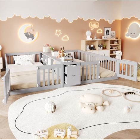 Lit enfant double 90 x 200 cm avec étagère centrale à 2 niveaux et 2 tiroirs, Barrière de sécurité, Design moderne,bois gris (1/5)
