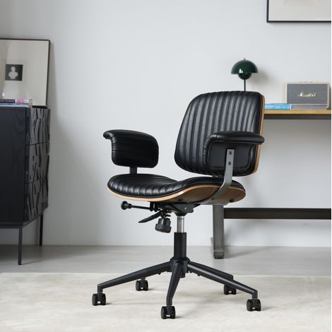 Silla de oficina giratoria de PU, con reposabrazos acolchados, base metálica, negra (1/5)