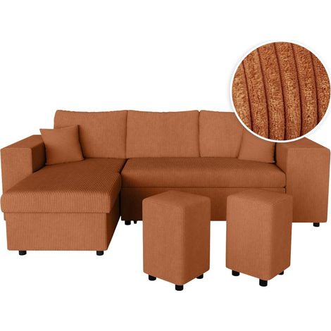 Canapé d'angle réversible MADY avec coffre, rangement poufs à droite en velours côtelé terracotta (1/5)
