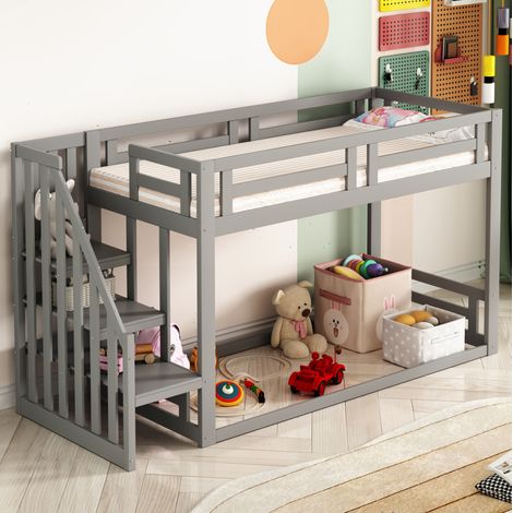 Litera infantil 90x200 cm gris de madera con escalera y estantes (1/5)