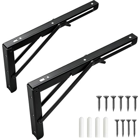 2 Pcs Equerre Pliable, Equerre Etagere Murale avec Lock avec Verrouillage, Support équerre étagère Charge Lourde, à 90 Degrés, pour Cuisine, Bureau, Table ou Mur(250mm, Noir) (1/5)
