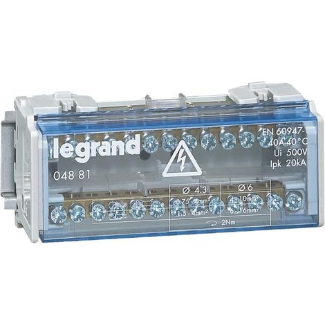 Legrand – Répartiteur pour tableau électrique 40A – Monobloc bipolaire à bornes – 13 connexions par barreau – 6 modules – Fixation sur rail DIN