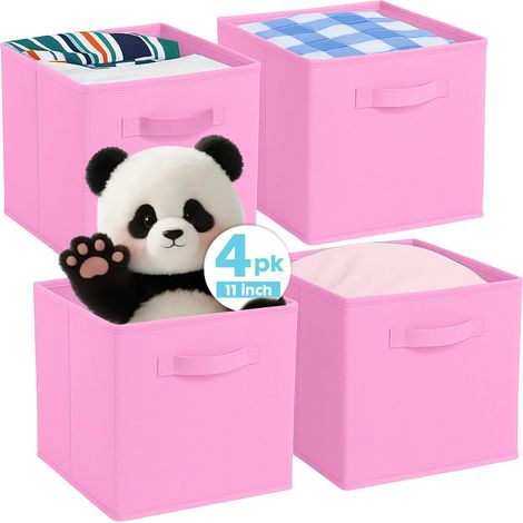 Cubes de Rangement Pliables en Tissu avec Poignées – Lot de 4 Boîtes de Rangement pour Maison, Chambre d'Enfant, Placard et Jouets (Rose, 26,7 x 26,7 x 27,9 cm)