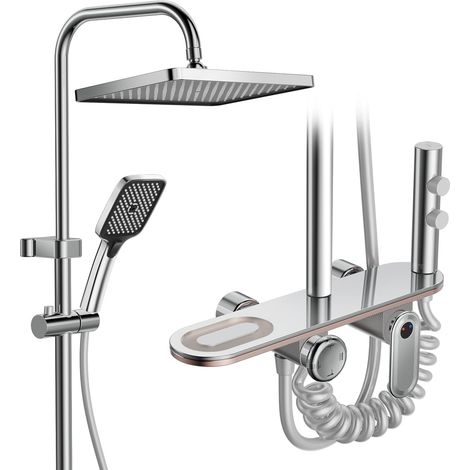 Colonne de Douche avec Mitigeur, Chromé, Pluie 30 x 20 cm 3 Modes Douchette à Main, Jet, Buses Silicone Anticalcaire, Robinet Cascade, Étagère, Mitigeur Non Thermostatique (1/5)