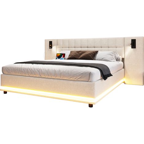 Lit double 180x200 avec LED multicolore, tête de lit avec spot et USB, cadre de lit en tissu beige sans matelas, idéal pour chambre adulte CHICFURN (1/5)