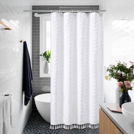 Petit Rideau de Douche Boho Blanc Tassel Rideau de Douche Tissu Tufted Chevron Striped Textured Modern Farmhouse Minimalist pour la Salle de Bain (1/5)