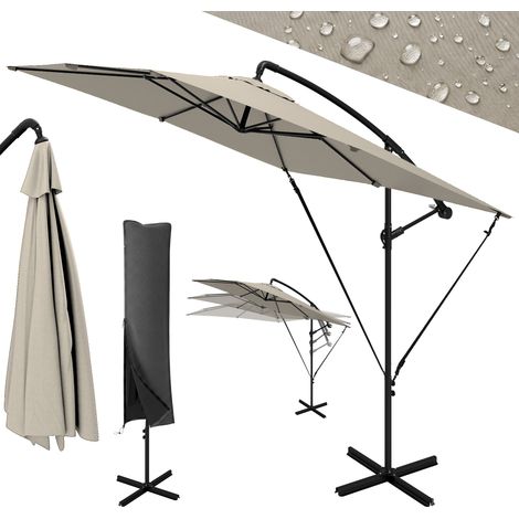 Parasol déporté jardin extérieur 2,5x2,5 m kaki - Toile ajustable 8 baleines, base croix avec manivelle (1/5)