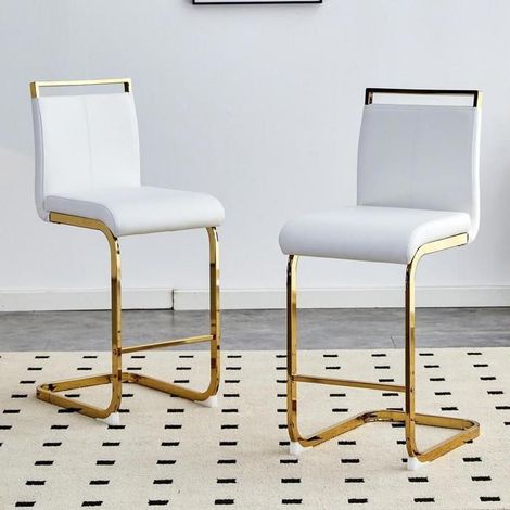 Tabouret de bar - KOMHTOM - Style nordique - PU blanc - Pieds métal argenté - Repose-pieds intégré (1/5)