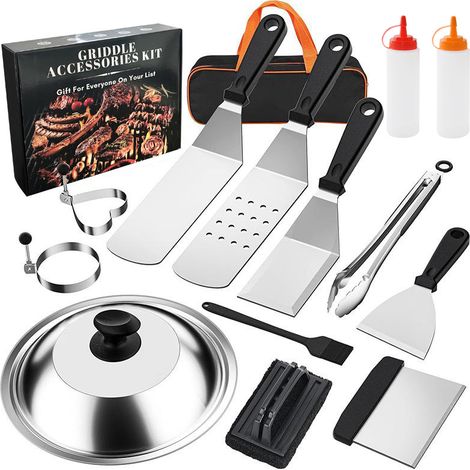 d’accessoires 14 pièces pour grill, ensemble d’accessoires barbecue à table plate pour les chefs Blackstone et de camp, ensemble de spatules barbecue avec spatule grossissante, couvercle de cuisson, (1/5)