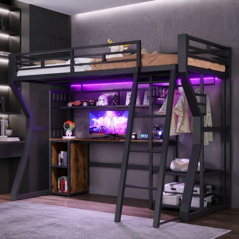 Hochbett 90x200 cm Schwarz aus Metall und MDF mit Lichtleiste, Steckdose, Schreibtisch und Stauraum (1/5)