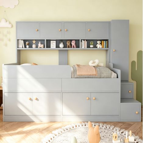 Cama infantil con almacenamiento (238x96x150 cm), con escalera con espacio de almacenaje, barandillas de seguridad, LED, madera gris (1/5)