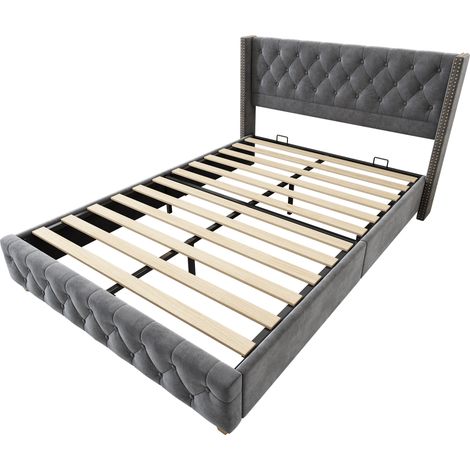 Letto imbottito 140x190 cm in velluto grigio con rete a doghe e testiera capitonné MODENUIT (1/5)