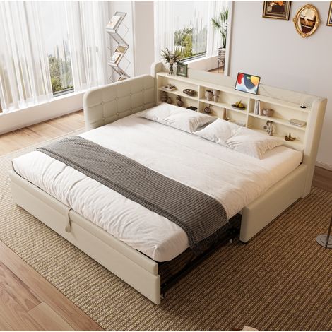 Sofá cama de lino beige 90x200 cm con cama extraíble 180x200 cm, USB y Tipo C, somier de láminas (1/5)