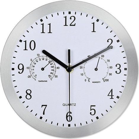 Quartz Round Wall Clock, Aluminum Silent Indoor Wall Clock With Thermometer And Hygrometer For Living Room Kitchen Office (silver) (1/4)