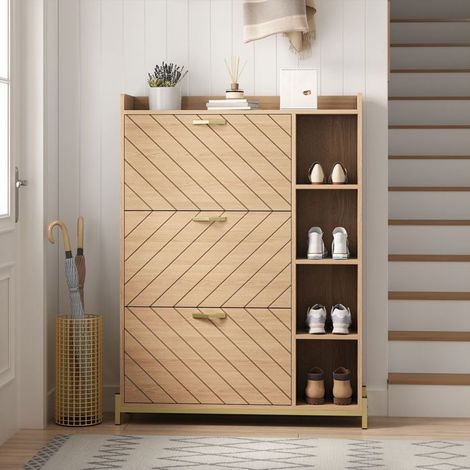 Meuble à chaussures, design nordique armoire à chaussures, finition chêne, 3 portes, étagères latérales ouvertes, format ultra-fin (1/5)