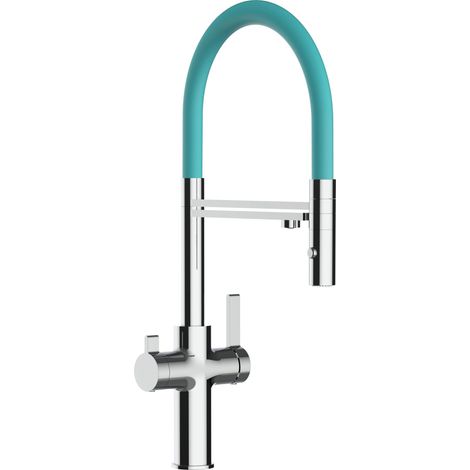Robinet de Cuisine Mitigeur 3 voies chromé bec turquoise orientable et douchette 2 jets détachable FC VIZIO (1/5)