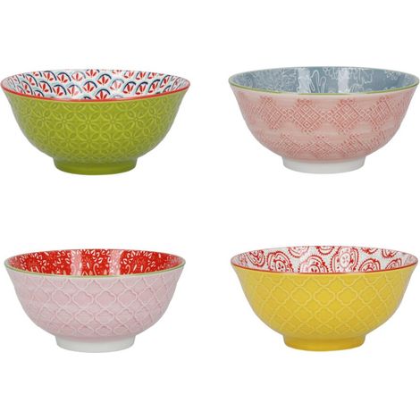KitchenCraft Juego de 4 Cuencos de Cereales de Cerámica en Caja de Regalo, Boles para Helado, Sopa y Otros, Diseño “Luminoso” 15 cm