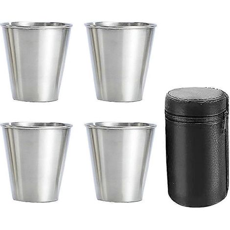 Edelstahl-Schnapsgläser, 4er-Set, stapelbar, kleiner Flachmann mit Ledertasche