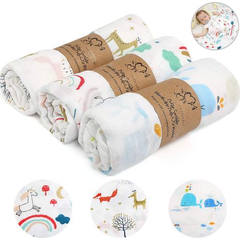 Couverture Émmaillotage, Langes Coton Bébé 120cm x 120cm Lot de 3 Musseline Couverture Bébé Mousseline de Bambou Unisexe pour Fille et garçon (1/5)