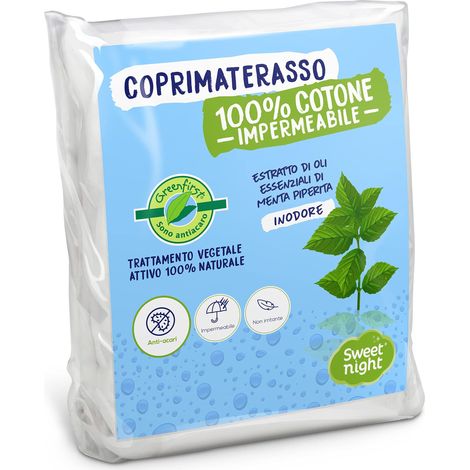 SWEET NIGHT Sweetnight - Greenfirst Coprimaterasso 80x190/200 cm Letto articolato Trattamento Vegetale Impermeabile e antiacaro Mollettone 100% Cotone Silenzioso e Traspirante (1/4)
