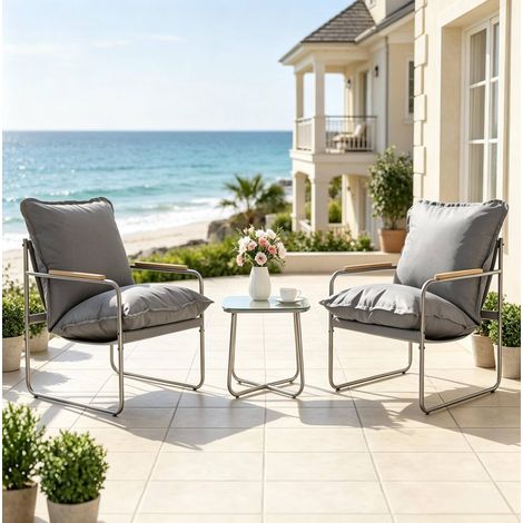 Juego de muebles de balcón, mesa 45x45x40.5 cm, sillas 70.7x58.5x80 cm, de metal y vidrio, gris (1/4)