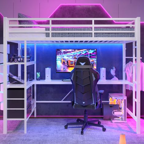 Lit mezzanine 90x200 avec bureau et led - métal et mdf - 3 tiroirs - prises et usb - blanc (1/5)