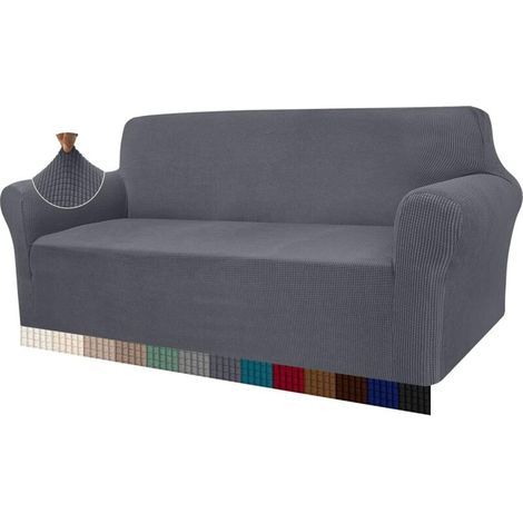Grauer, moderner 3-Sitzer-Sofabezug aus Jacquardgewebe mit elastischem Bund.