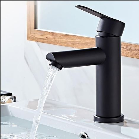 Robinets de lavabo et salle de bain chauds et froids en acier inoxydable, avec économie d'eau silencieuse et sans égouttement pour salle de bain, lavabo, petits robinets de cuisine (noir) (1/5)