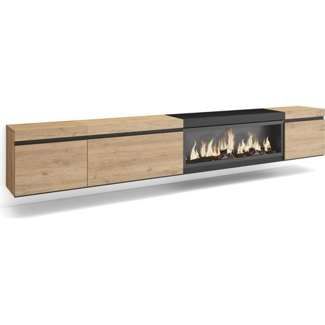 Skraut Home - Mueble TV, Televisión, Muebles de salón, almacenaje, 288x45x35 cm, Para TV gran formato, Chimenea eléctrica XXL, Colgado, Suspendido, Estilo Moderno, Roble y negro (1/5)