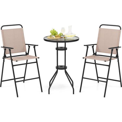 Pour patio ou bord de piscine, ensemble bistrot 3 pièces avec 2 chaises pliantes et table en verre beige (1/5)