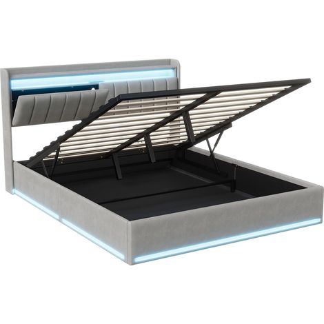 Lit 140x190 coffre, lit double, lit adulte en hydraulique, lit avec tête de rangement, avec LED et USB, Gris, Matelas non compris (1/5)