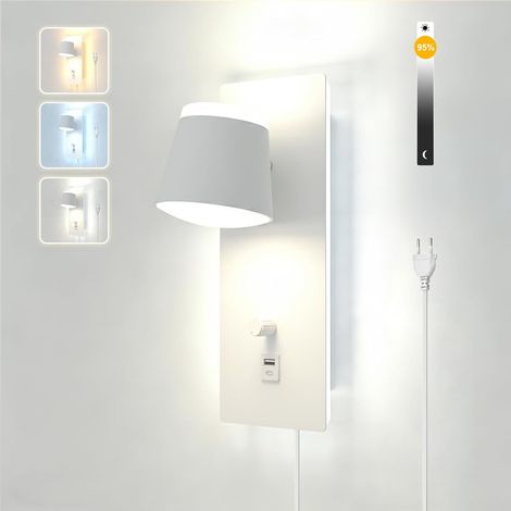 Applique Murale Avec Prise et Interrupteur Port Usb Type C, 25W 2000LM Dimmable 3000K 6000K 4500K Liseuse Lampe De Chevet Moderne Led, Blanc Luminaire Mural Intérieur Pour Le Salon Chambre (1/5)